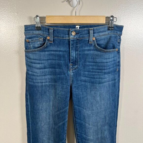 7FAMK Dojo Jeans Size 28 Frayed Hem Flared Retro Blue Denim Embroidered Pockets - Picture 5 of 11